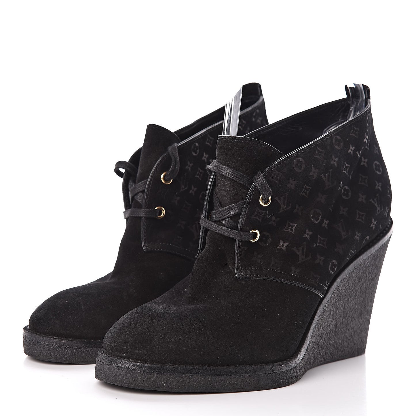 Monogram Suede Wedge Ankle Boots 41 Black