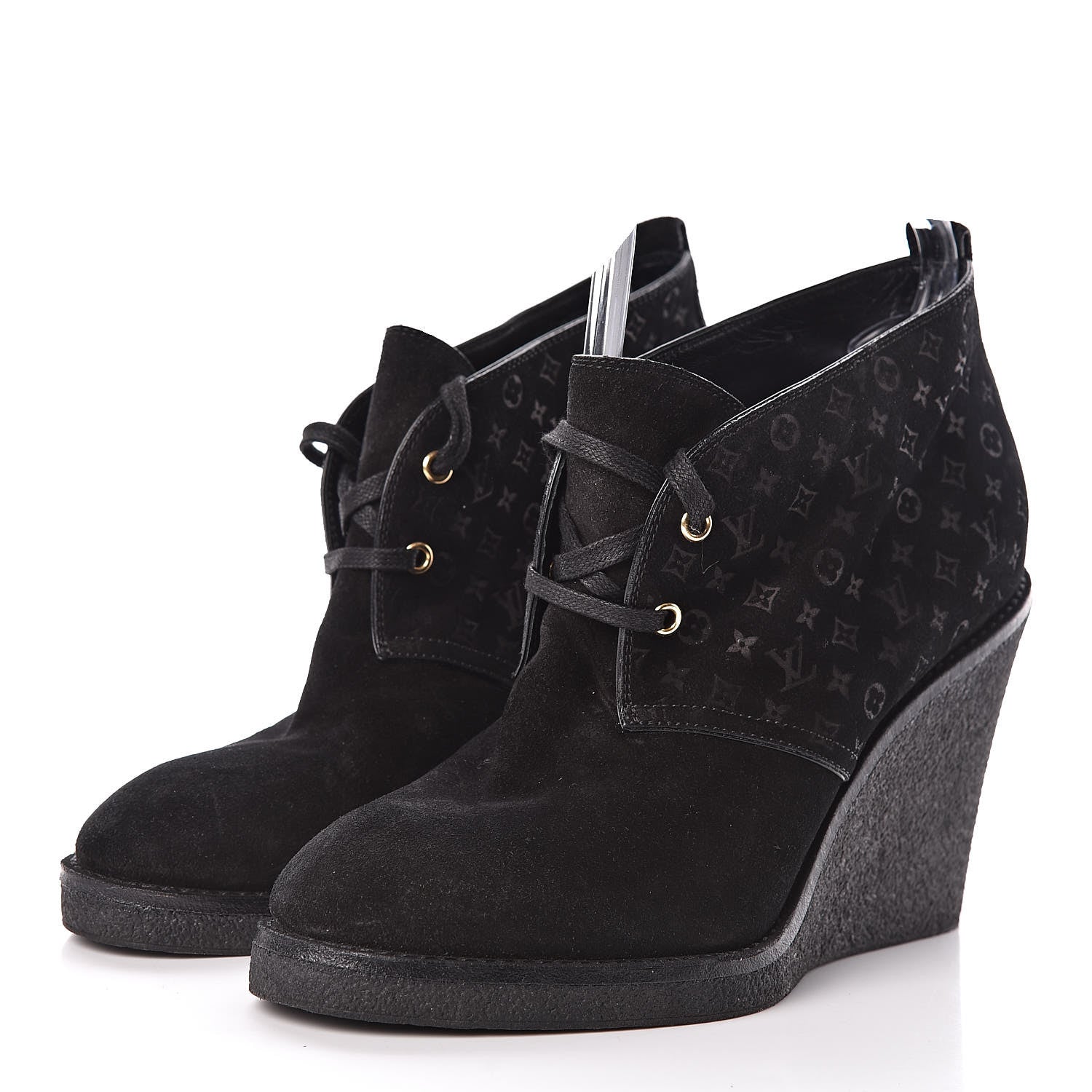 Louis Vuitton Monogram Suede Wedge Ankle Boots 41 Black 3 of 11