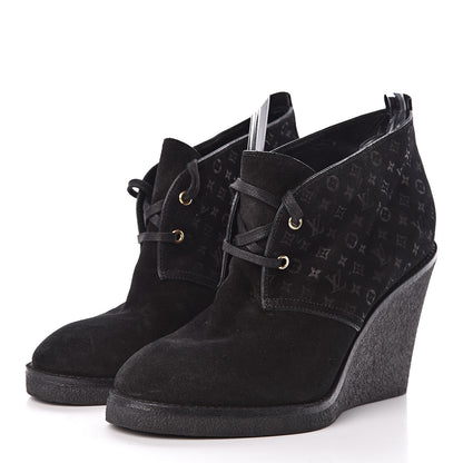 Louis Vuitton Monogram Suede Wedge Ankle Boots 41 Black 3 of 11