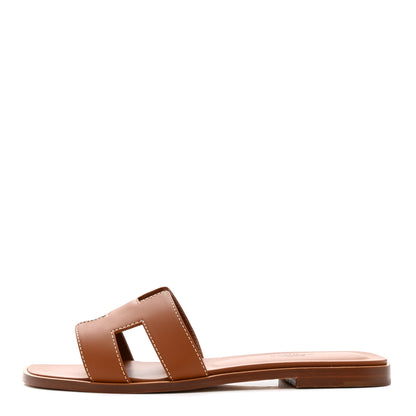 Hermes Box Calfskin Oran Sandals 37 Gold 1 of 11