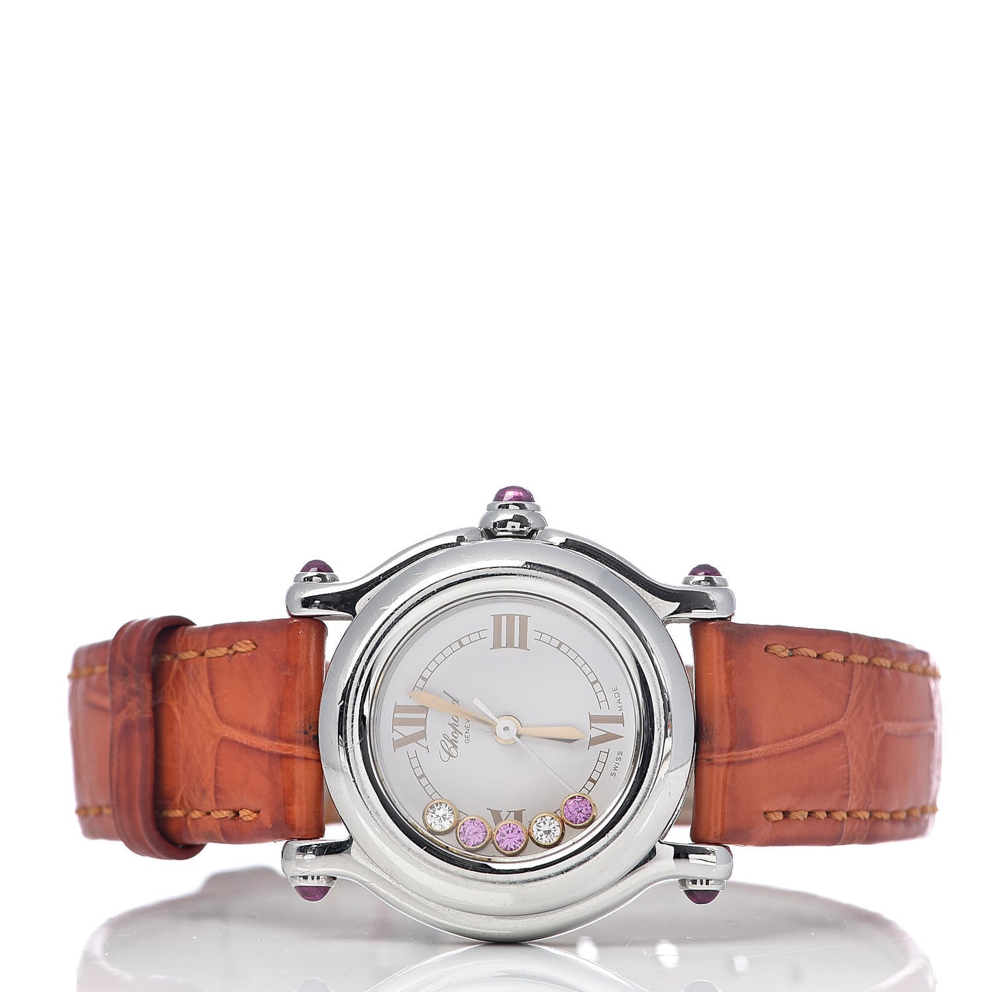 Stainless Steel Alligator 5 Diamond Pink Sapphire 26mm Happy Sport Quartz Watch