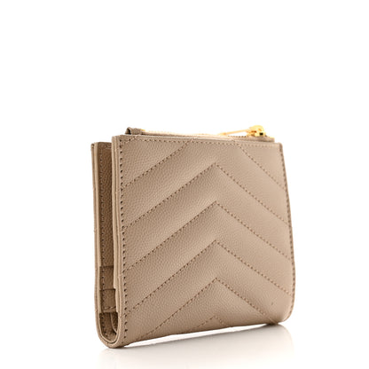 Saint Laurent Grain De Poudre Matelasse Chevron Monogram Zipped Card Case Dark Beige 3 of 10