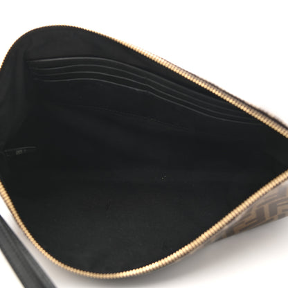 Fendi Glazed Fabric Vitello Century FF 1974 Stamp Patch Large Flat Pouch Mogano Panna Black 5 of 9