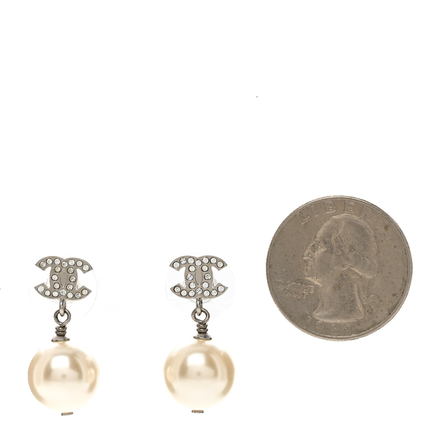 Crystal Pearl CC Drop Earrings Silver Pearly White