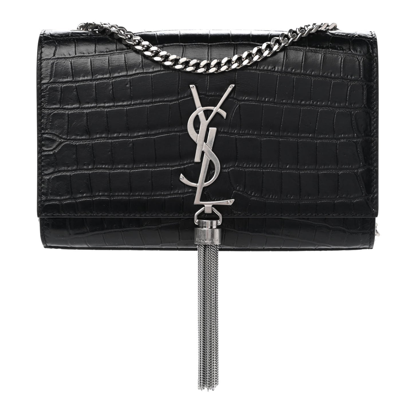 Calfskin Crocodile Embossed Small Classic Monogram Kate Tassel Satchel Black