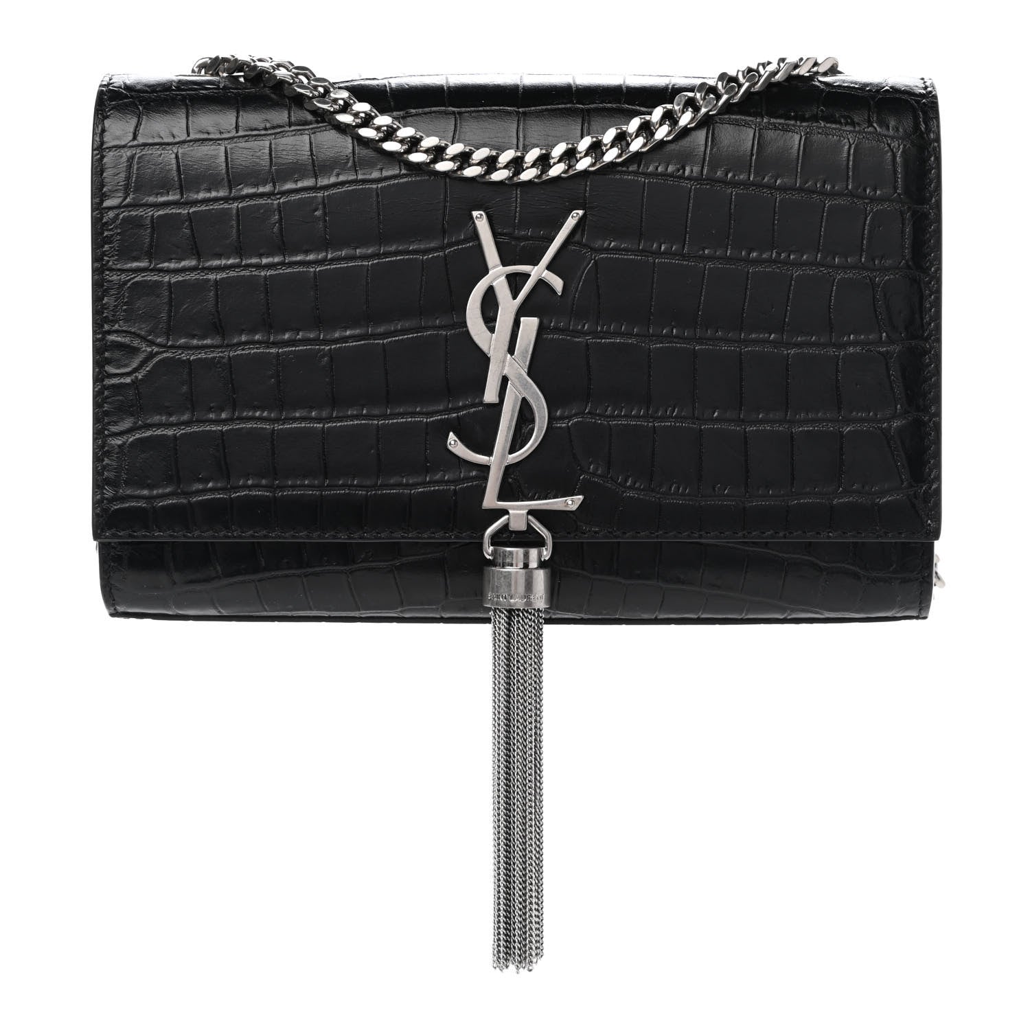 Saint Laurent Calfskin Crocodile Embossed Small Classic Monogram Kate Tassel Satchel Black 1 of 9