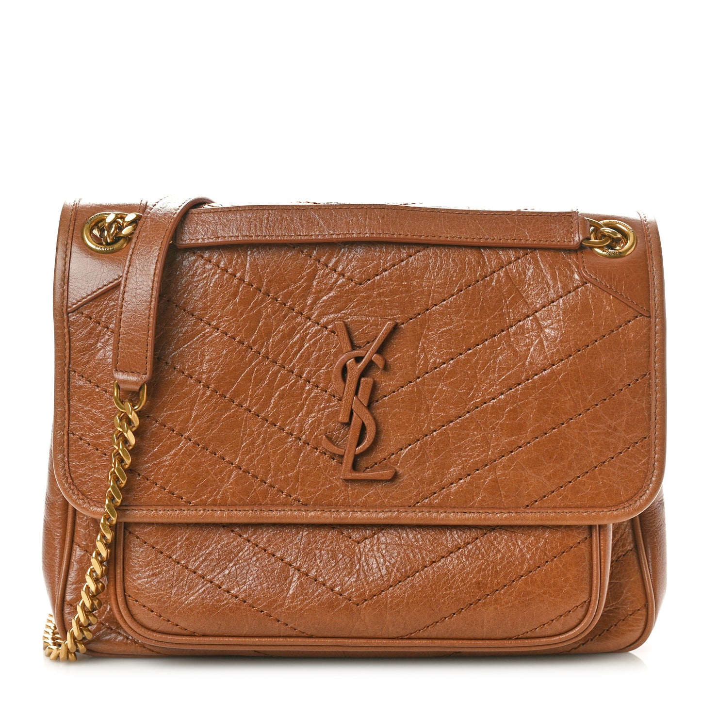 Crinkled Calfskin Matelasse Monogram Medium Niki Chain Satchel Caramel