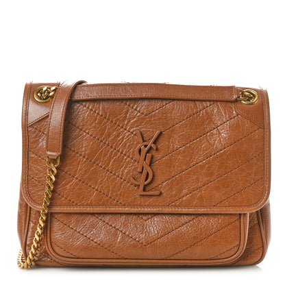 Saint Laurent Crinkled Calfskin Matelasse Monogram Medium Niki Chain Satchel Caramel 1 of 10