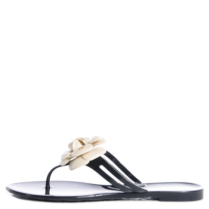 Chanel Lambskin Camellia Thong Sandals 40 Black White 1 of 7