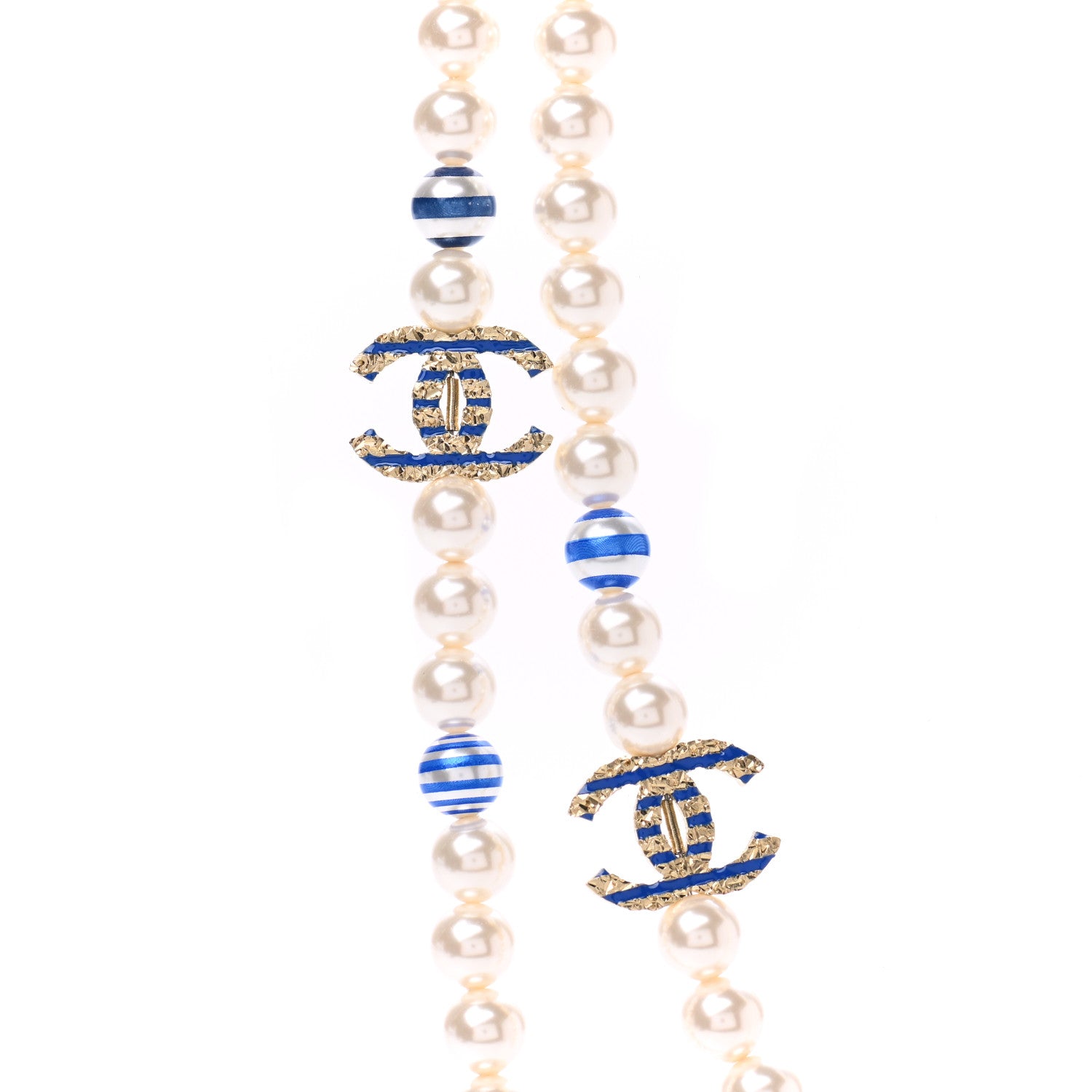Chanel Resin Pearl Striped CC Long Necklace Blue Gold 4 of 5