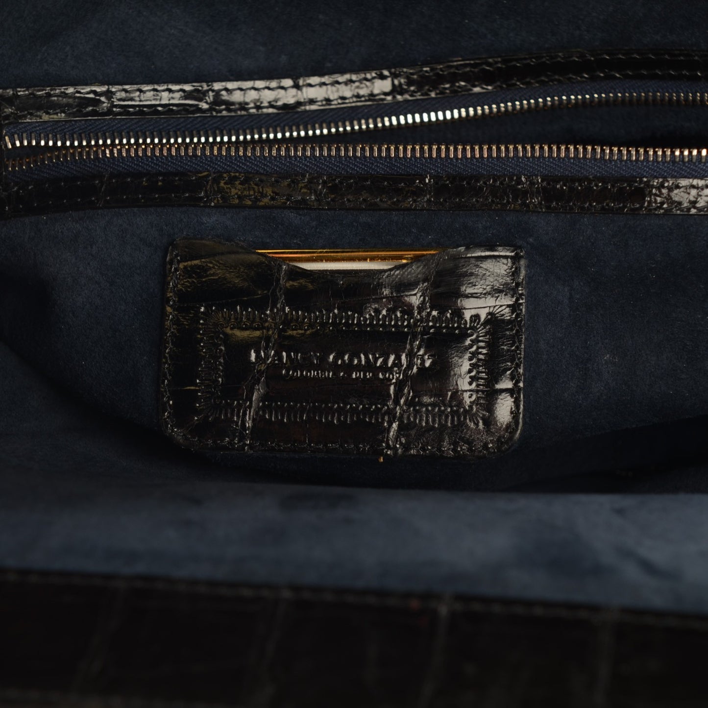 Metallic Crocodile Frame Flap Clutch Navy
