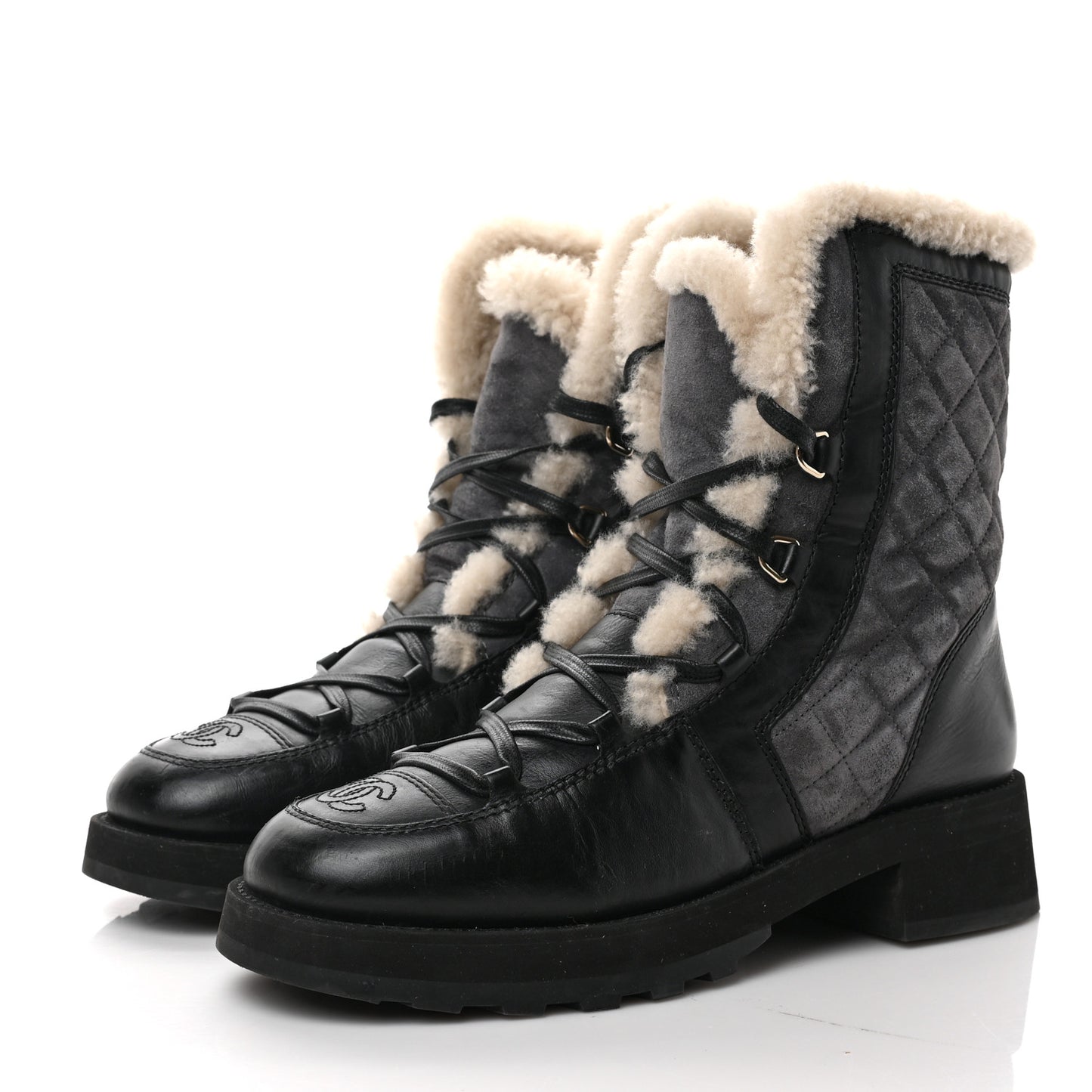 Calfskin Suede Shearling Lace Up Boots 40 Black Grey Light Beige
