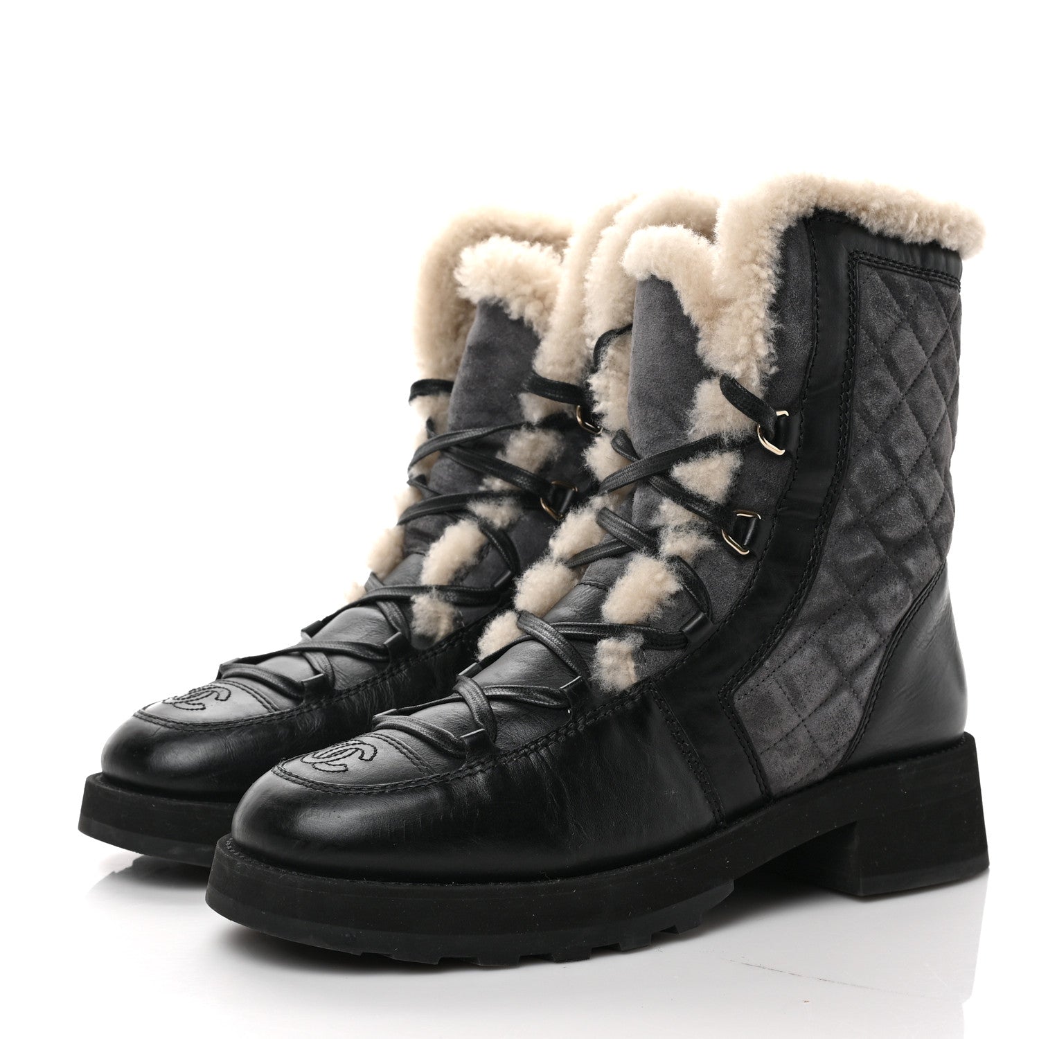 Chanel Calfskin Suede Shearling Lace Up Boots 40 Black Grey Light Beige 3 of 7