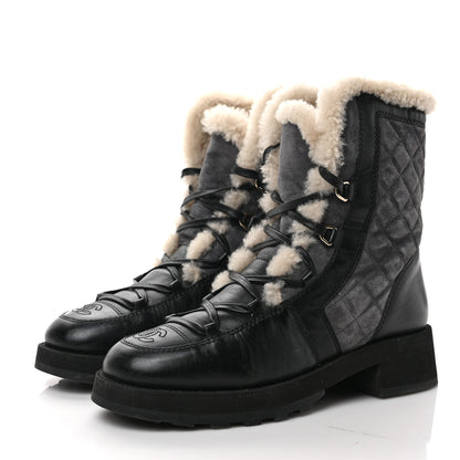 Chanel Calfskin Suede Shearling Lace Up Boots 40 Black Grey Light Beige 3 of 7