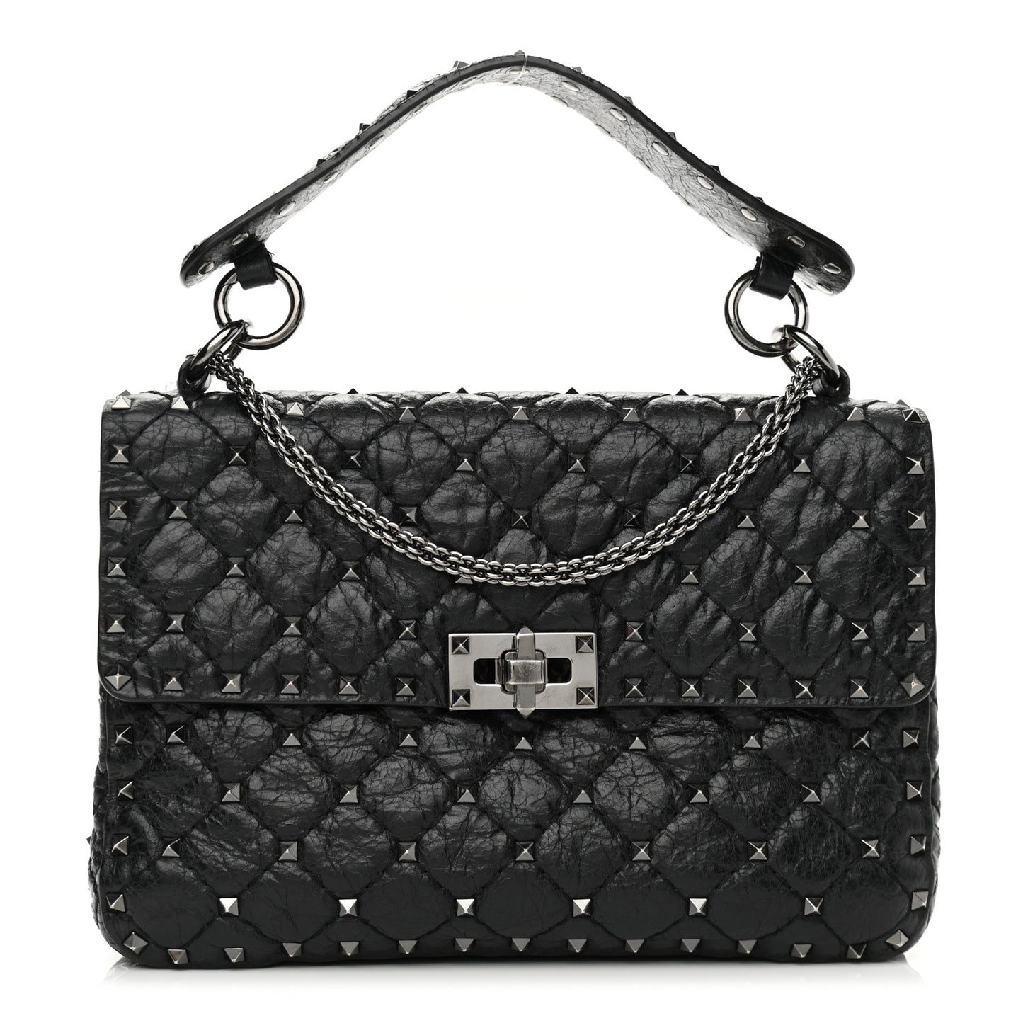 Craquele Nappa Medium Rockstud Spike Shoulder Bag Black