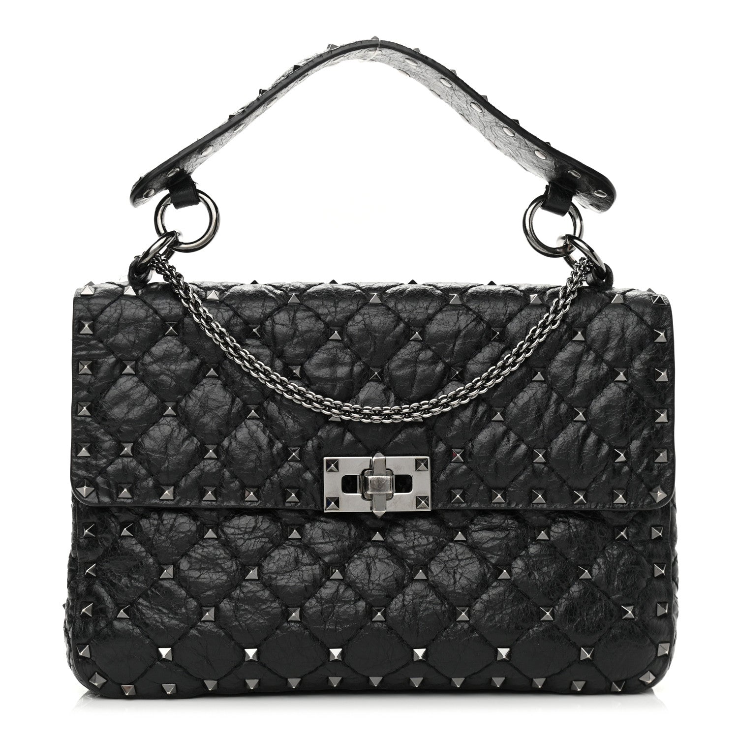 Valentino Garavani Craquele Nappa Medium Rockstud Spike Shoulder Bag Black 1 of 12