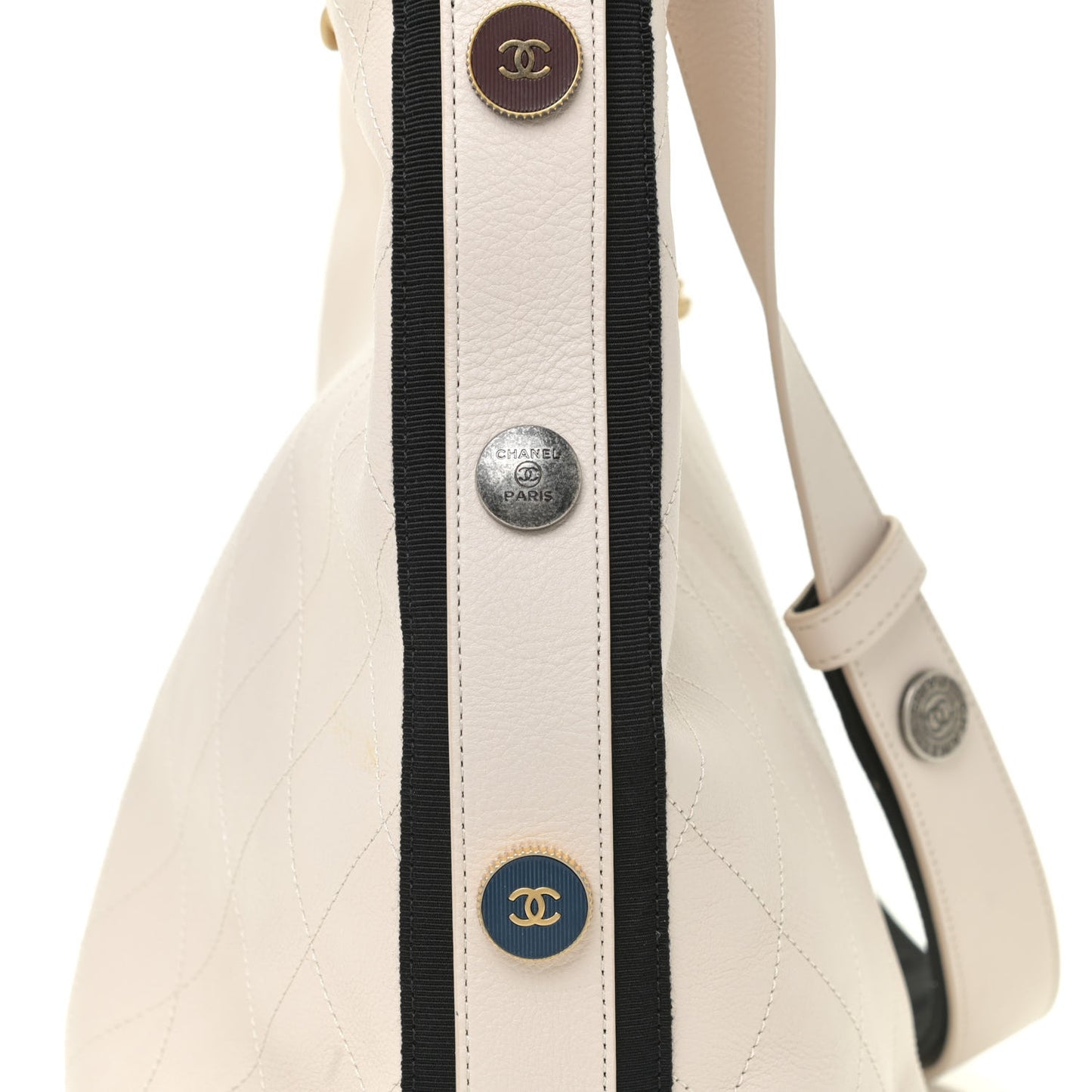Calfskin Stitched Large Button Up Hobo Ivory Black