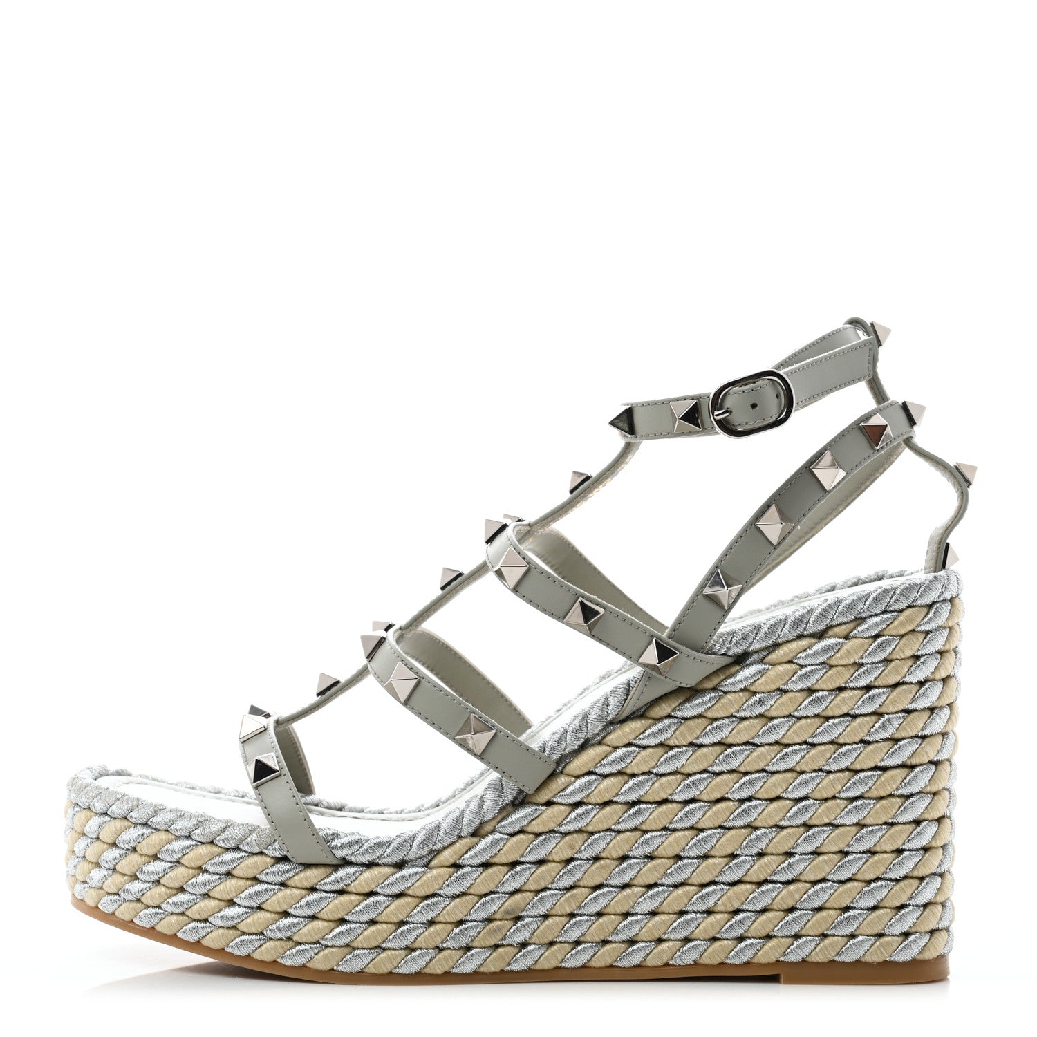 Valentino Garavani Calfskin Rockstud Ankle Strap Torchon Espadrille Caged 25/95mm Wedge Sandals 38 Opal Grey Argento Champagne 1 of 8