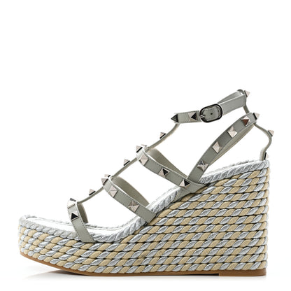 Valentino Garavani Calfskin Rockstud Ankle Strap Torchon Espadrille Caged 25/95mm Wedge Sandals 38 Opal Grey Argento Champagne 1 of 8