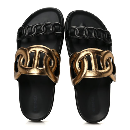 Hermes Metallic Nappa Extra Sandals 40 Black Gold 2 of 8