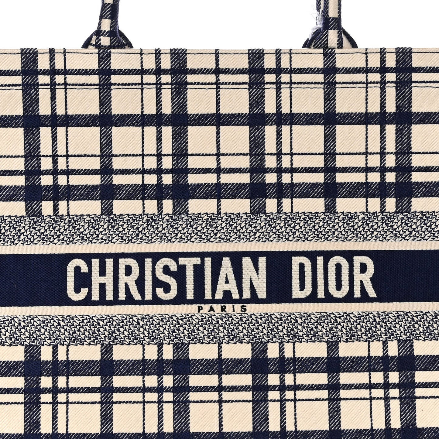 Canvas Embroidered Large Plaid Book Tote Navy