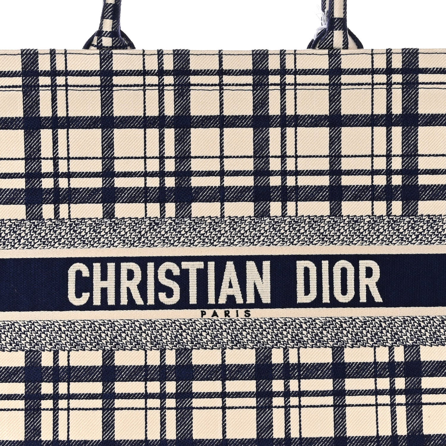 Christian Dior Canvas Embroidered Large Plaid Book Tote Navy 8 of 10