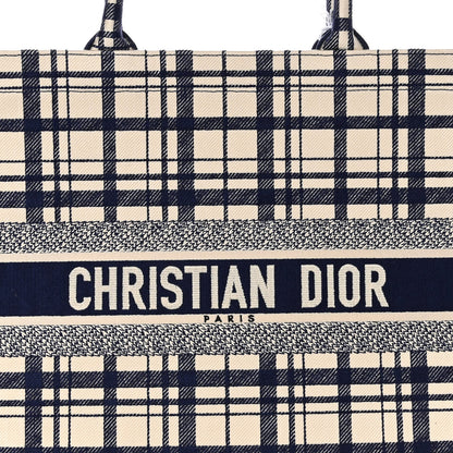Christian Dior Canvas Embroidered Large Plaid Book Tote Navy 8 of 10