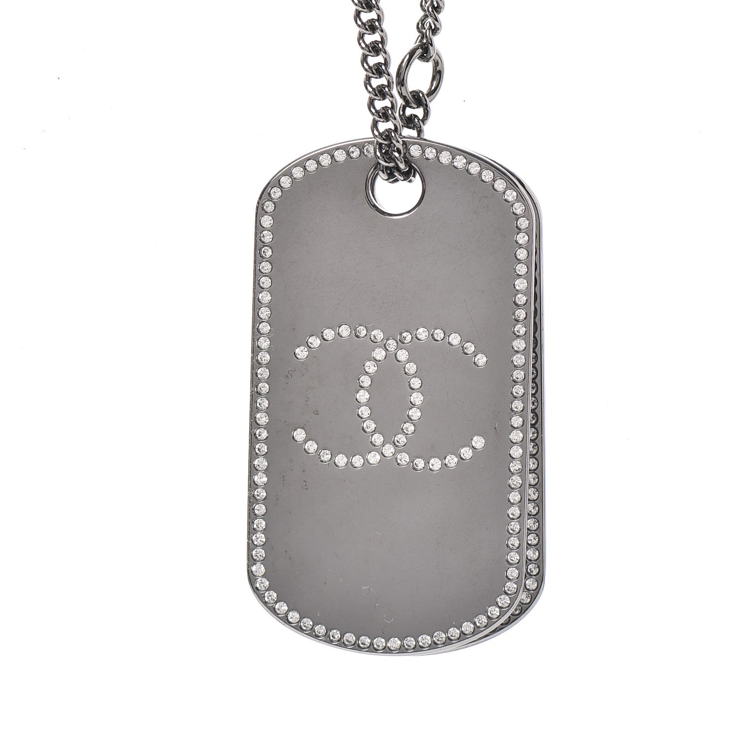 Chanel Metal Crystal Ruthenium Dog Tag Charm Necklace Silver 3 of 5