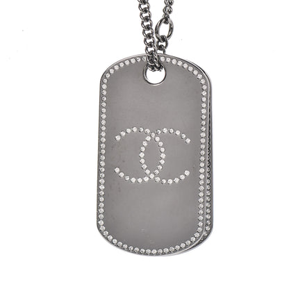 Chanel Metal Crystal Ruthenium Dog Tag Charm Necklace Silver 3 of 5