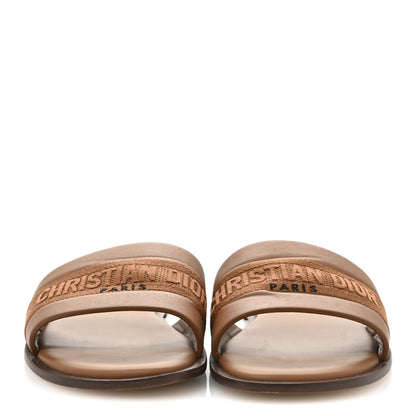 Christian Dior Calfskin Canvas Embroidered Dway Flat Slide Sandals 38 Camel 3 of 9
