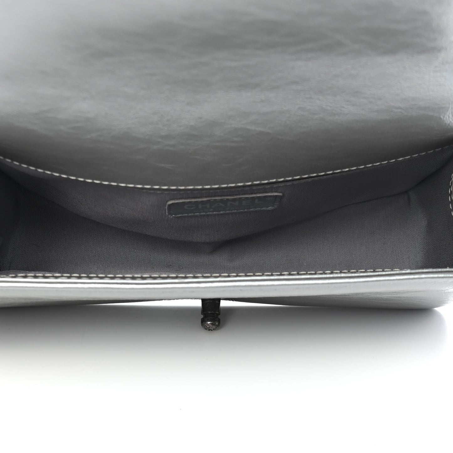 Metallic Aged Calfskin Quilted Medium Top Handle Boy Flap Silver