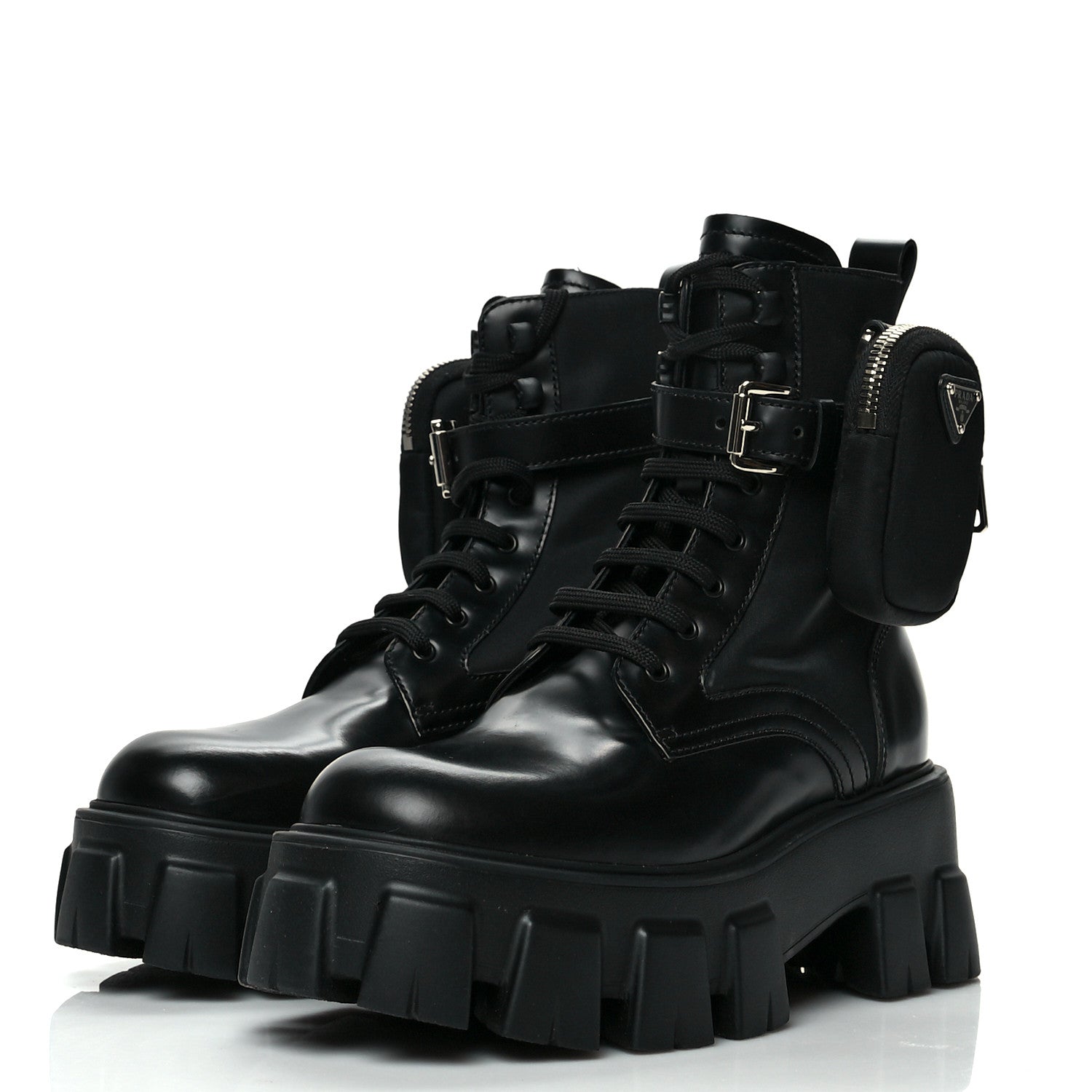 Prada Spazzolato Rois Nylon Metal Triangle Logo Monolith Pouch Pocket 55mm Boots 36 Black 3 of 8