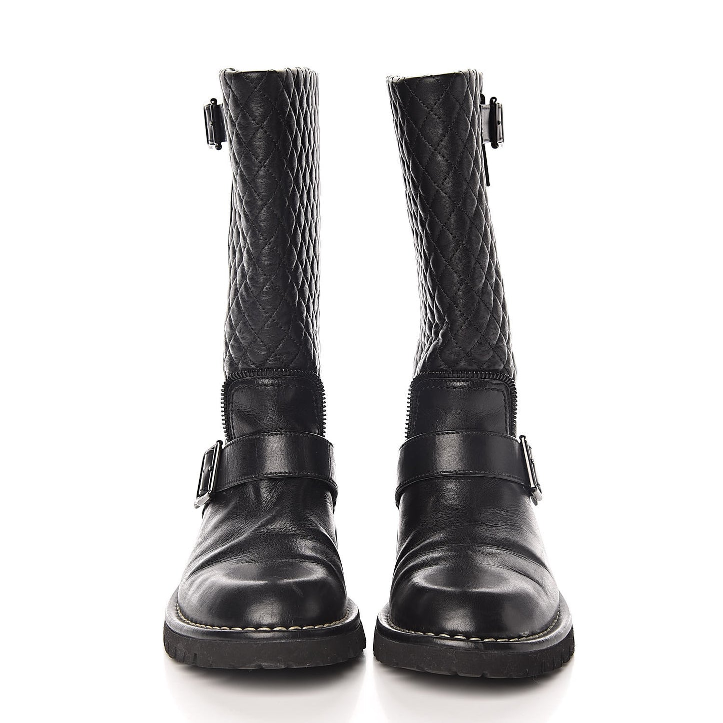 Calfskin Quilted Biker Boots 36 Black