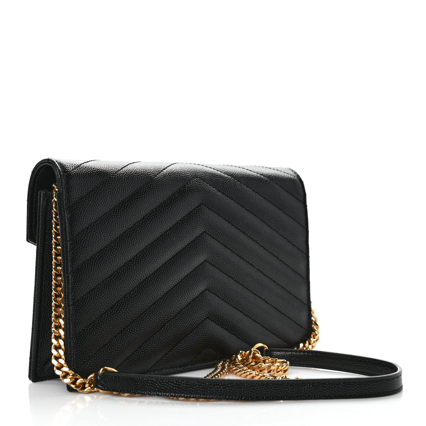 Grain De Poudre Matelasse Chevron Monogram Envelope Chain Wallet Black
