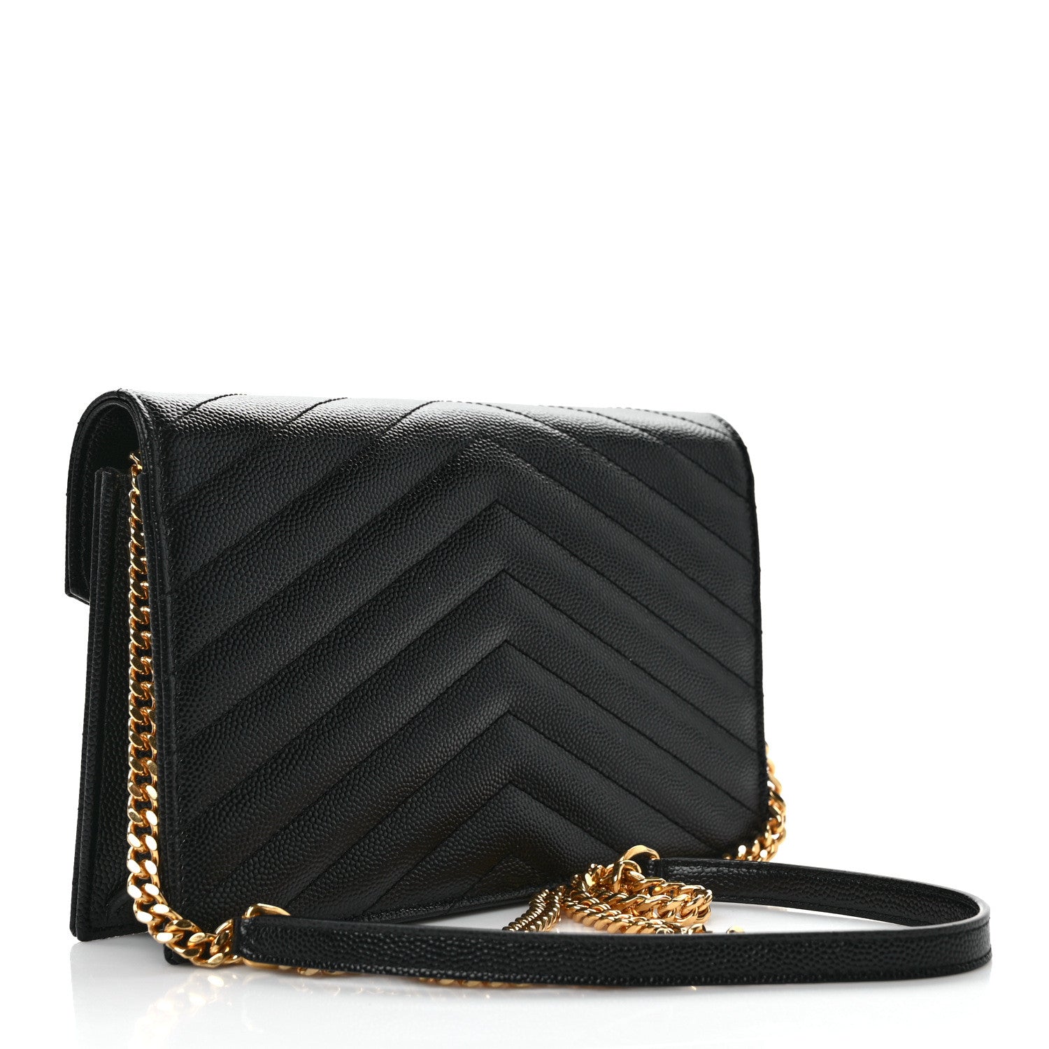 Saint Laurent Grain De Poudre Matelasse Chevron Monogram Envelope Chain Wallet Black 3 of 11