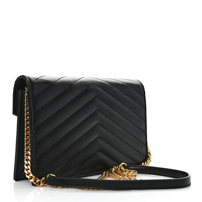Saint Laurent Grain De Poudre Matelasse Chevron Monogram Envelope Chain Wallet Black 3 of 11