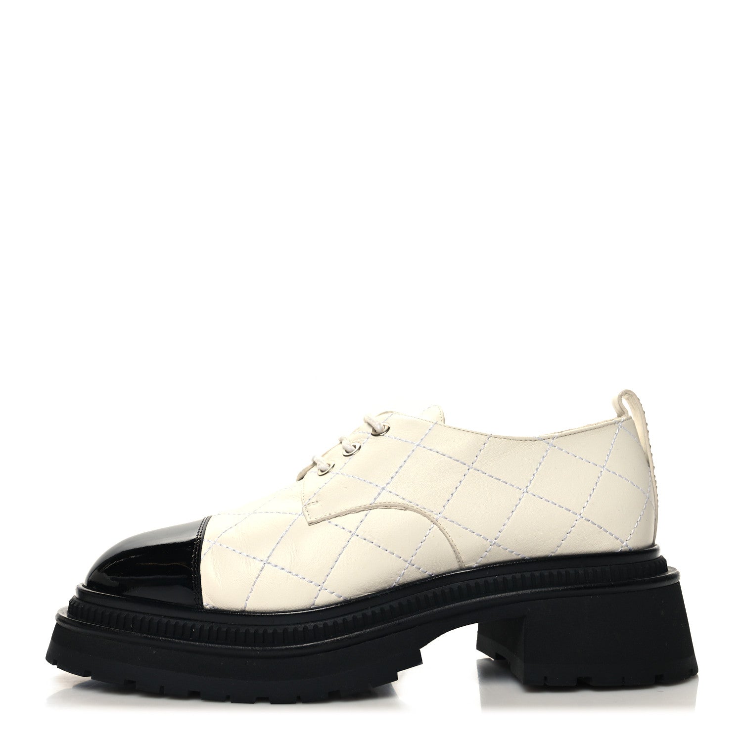 Chanel Calfskin Patent Stitched Cap Toe Lace Up Oxfords 38 White Black 1 of 8