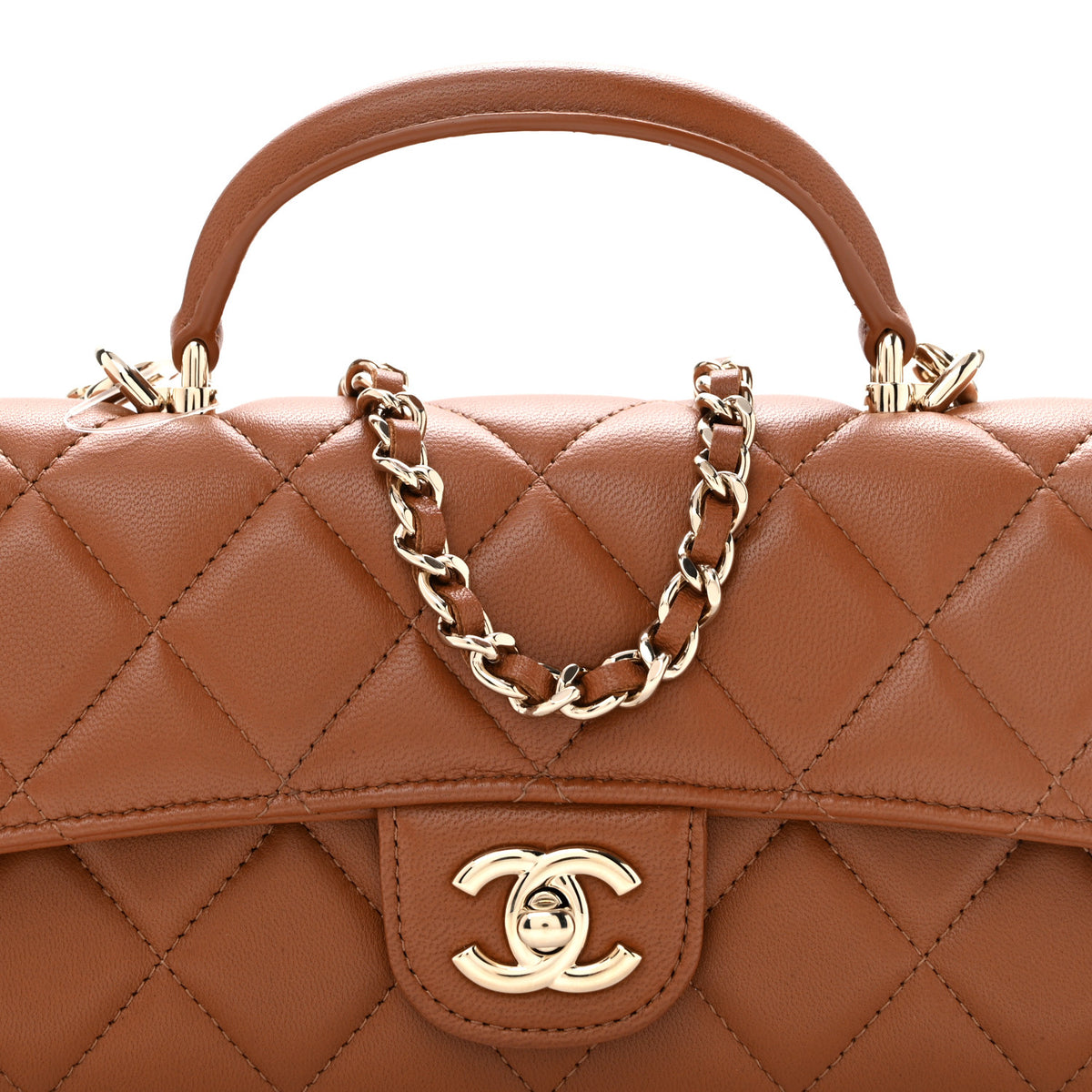 Lambskin Quilted Top Handle Long Clutch With Chain Camel