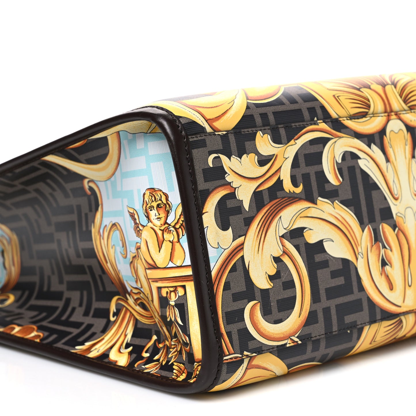 X VERSACE Calfskin Plexiglass Fendace FF Baroque Print Medium Fendi Sunshine Shopper Tote Gold Multicolor