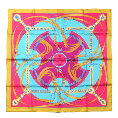 Hermes Silk La Promenade Du Matin Scarf 90 Vieil Or Rose Vif Turquoise 1 of 5
