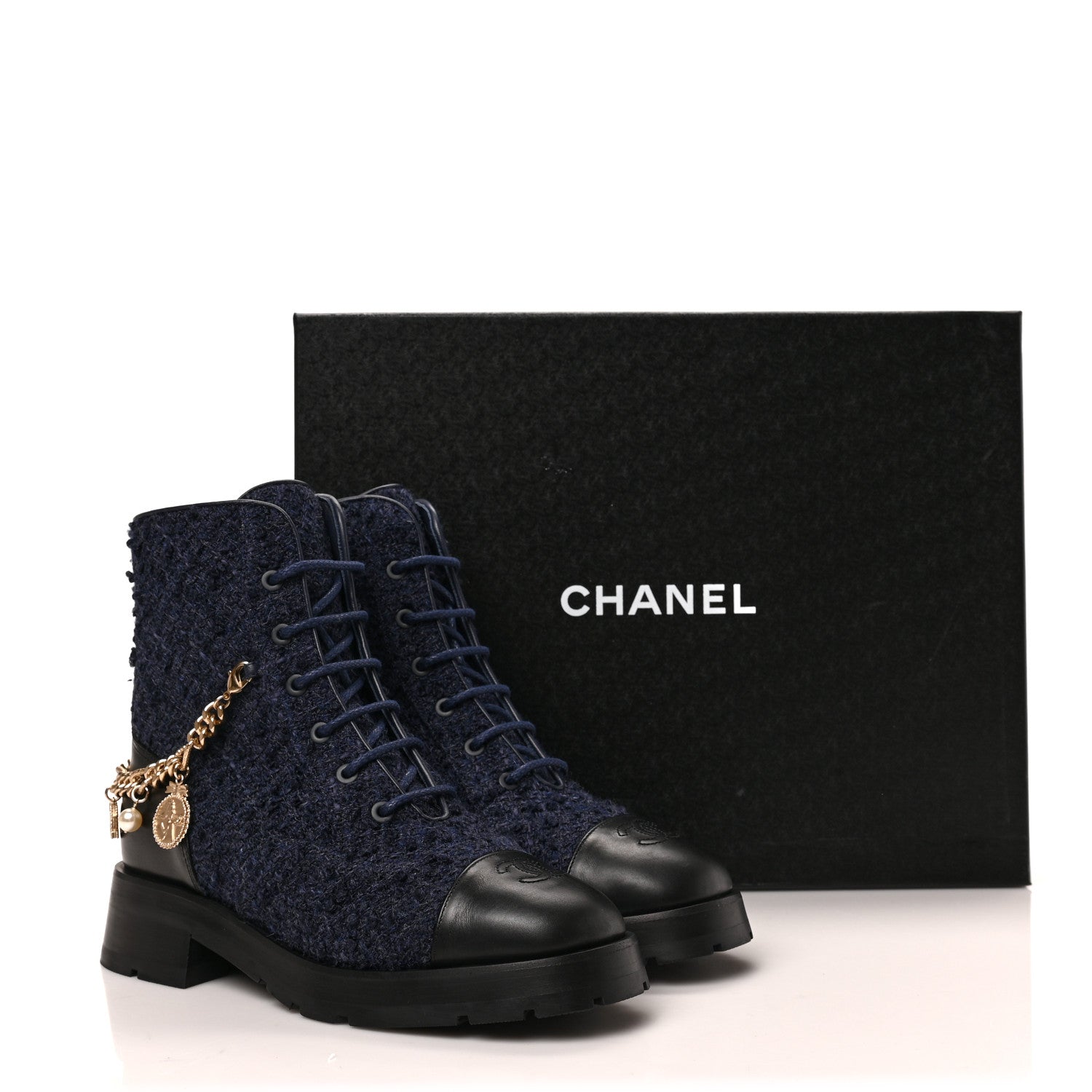Chanel Tweed Calfskin Chain Lace Up Combat Boots 39 Navy Black 7 of 7