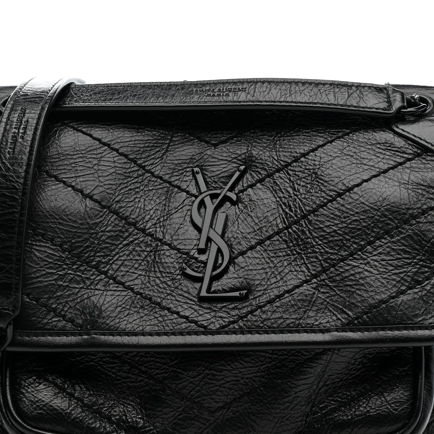 Crinkled Calfskin Matelasse Monogram Baby Niki Chain Satchel Black