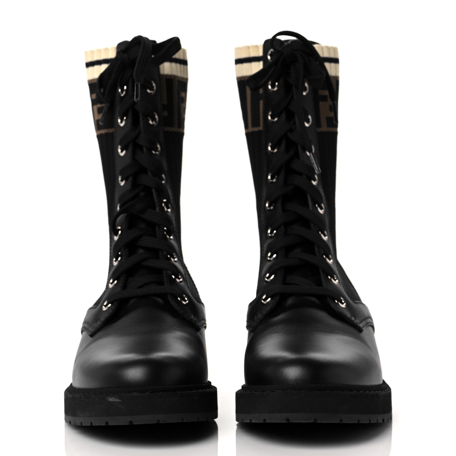Fendi Calfskin Stretch Fabric Rockoko Biker Boots 37.5 Tobacco Black Marino 2 of 9