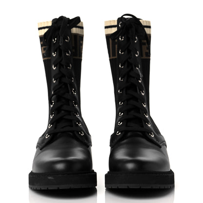 Fendi Calfskin Stretch Fabric Rockoko Biker Boots 37.5 Tobacco Black Marino 2 of 9