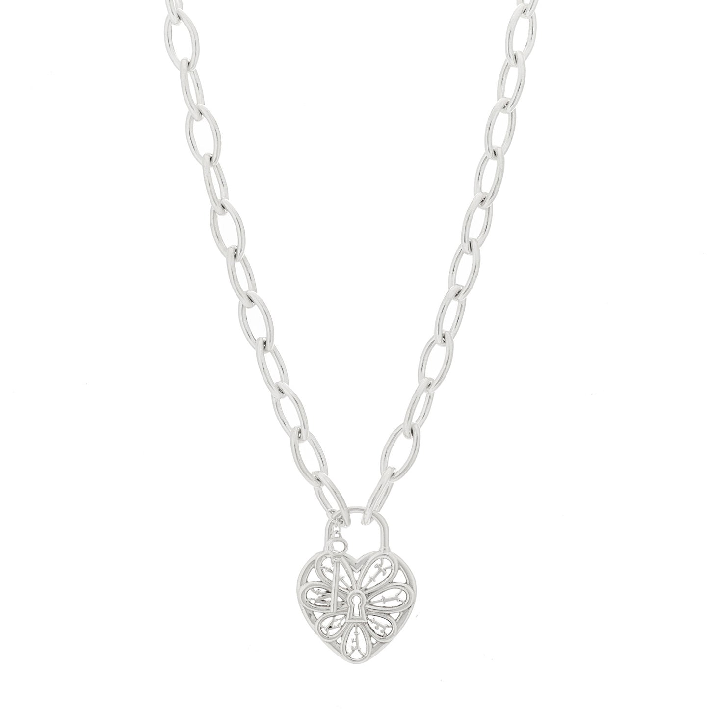 Sterling Silver Filigree Heart Key Pendant Link Necklace