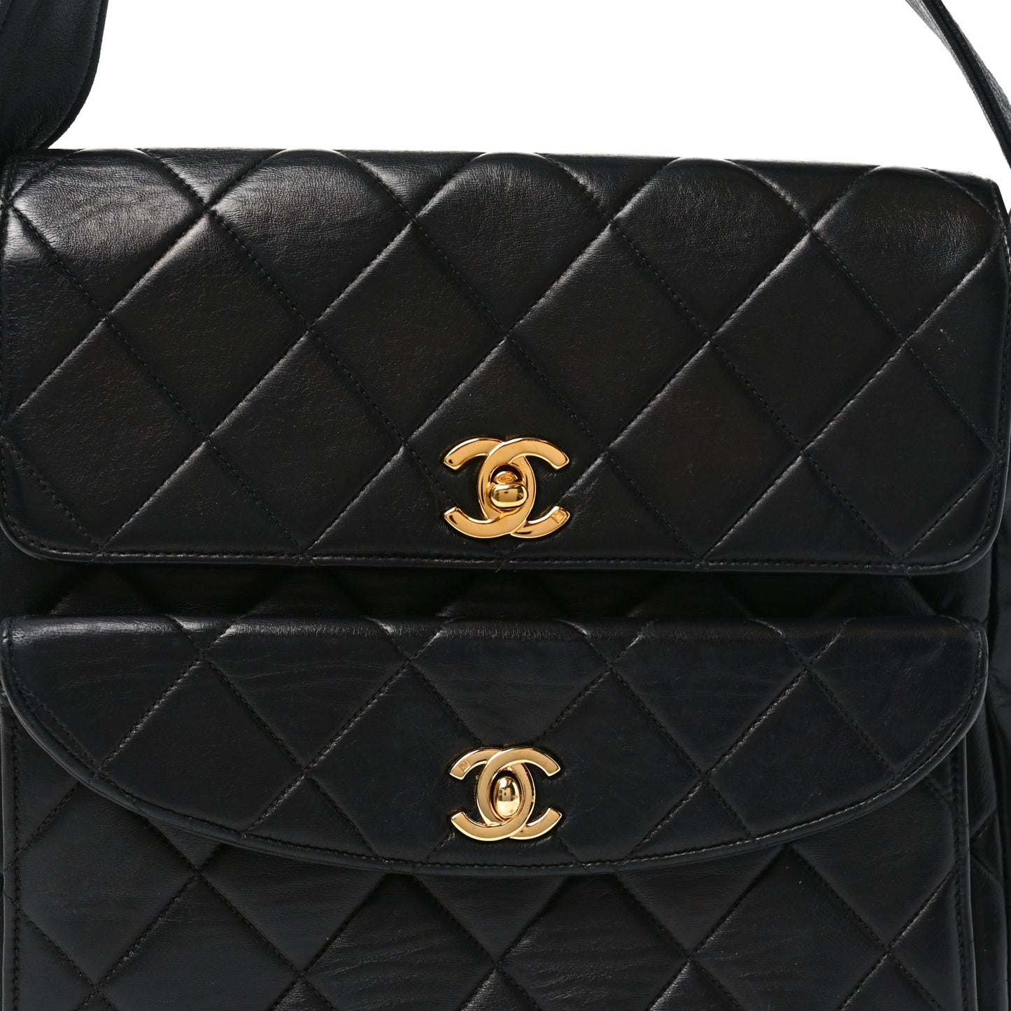 Lambskin Quilted Double Pocket Shoulder Bag Black