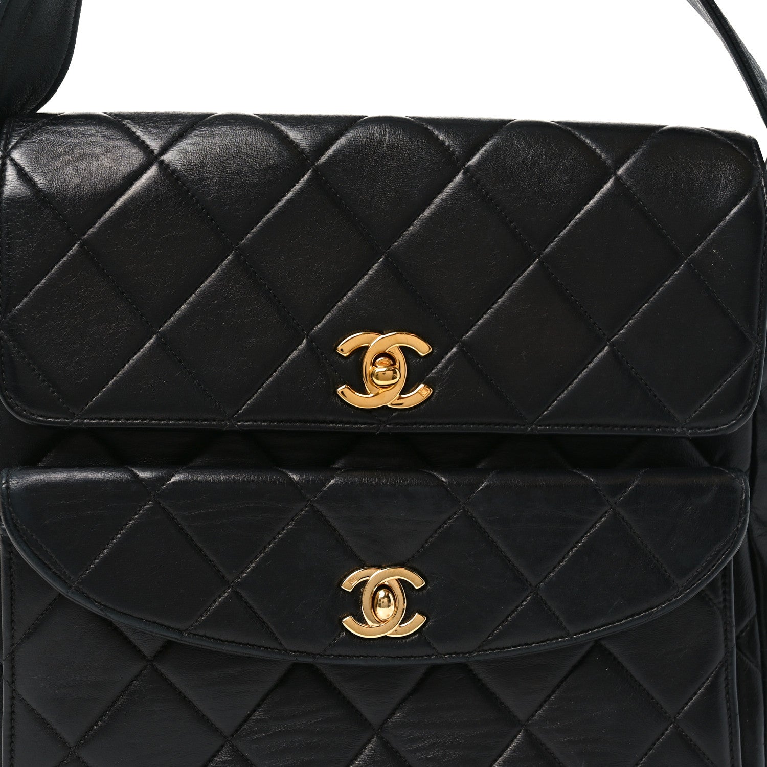 Chanel Lambskin Quilted Double Pocket Shoulder Bag Black 8 of 10