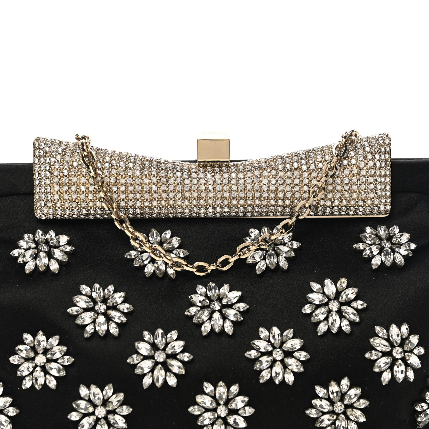 Satin Crystal Flower Embellished Clutch Black