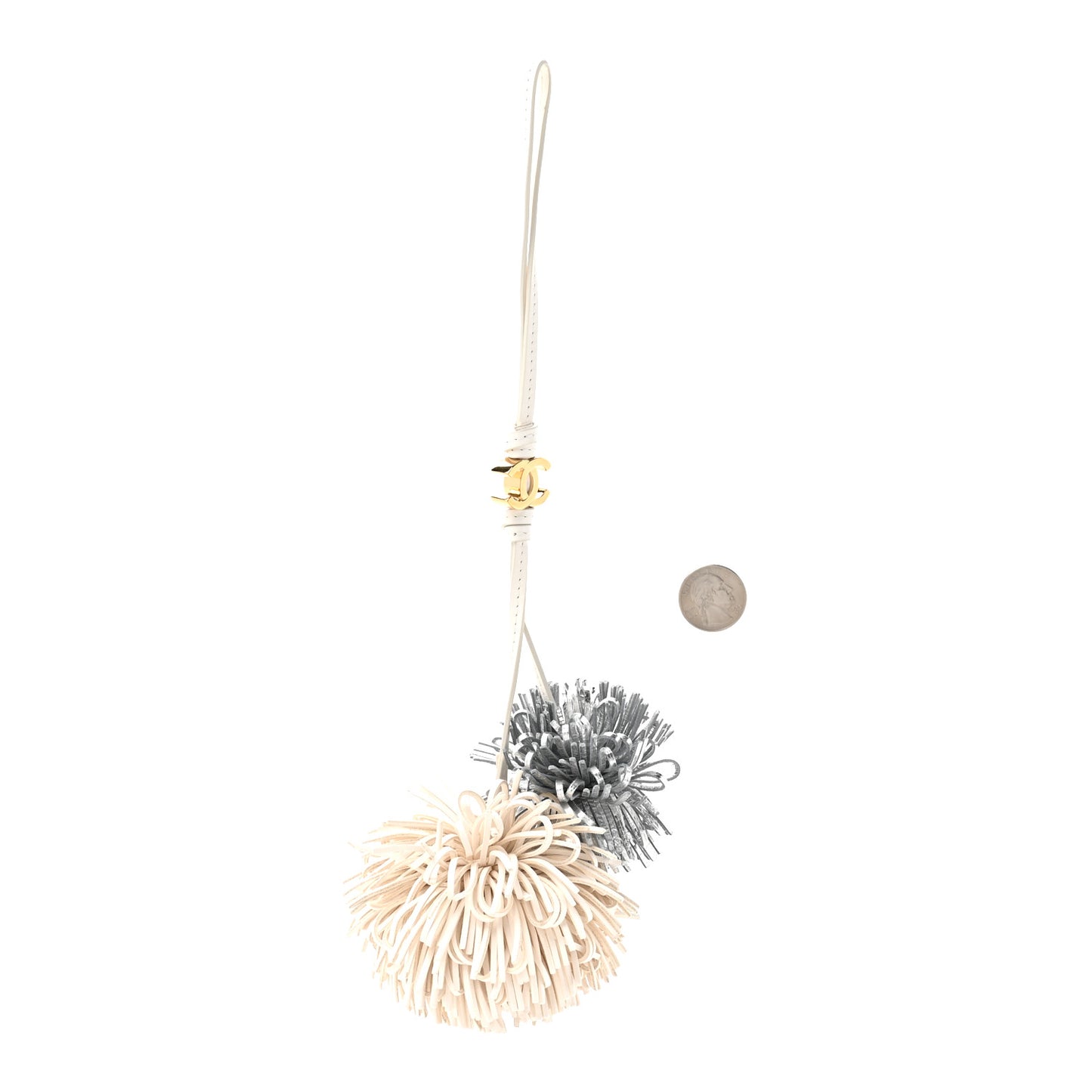 Metallic Lambskin Pom Pom Bag Charm White Silver