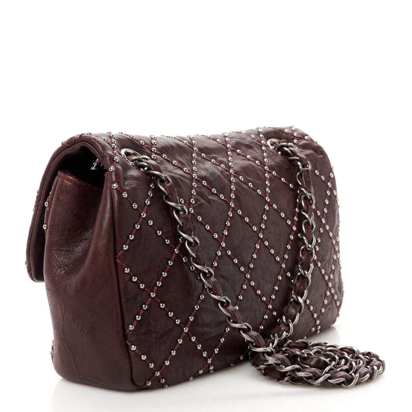Washed Lambskin Studded Metal Beauty Flap Burgundy